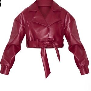 Wine Oversized Belted Hem Cropped Biker Jacket